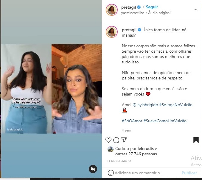A cantora Preta Gil divide a tela com a fat fashion Layla dançando a música "Só amor".